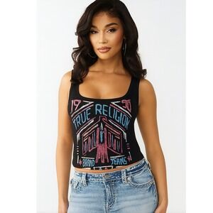 True Religion Tank Top Womens XS Black Excellent 100% Linen Eagle Graphic Boho